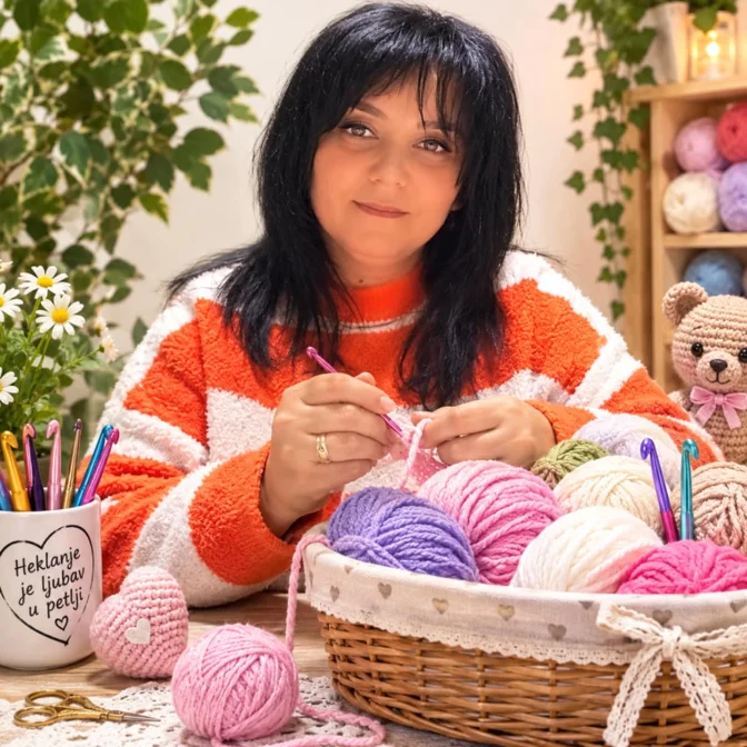 Melita hekla za stolom pored korpe sa klupcima